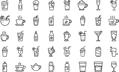 Beverage And Drink Collection icon set. With drink, coffee, tea, water, juice, soda, wine, bottle, cocktail, glass, beer, bar, liquid And lemonade Glasses Vector Icon Set On White Background.