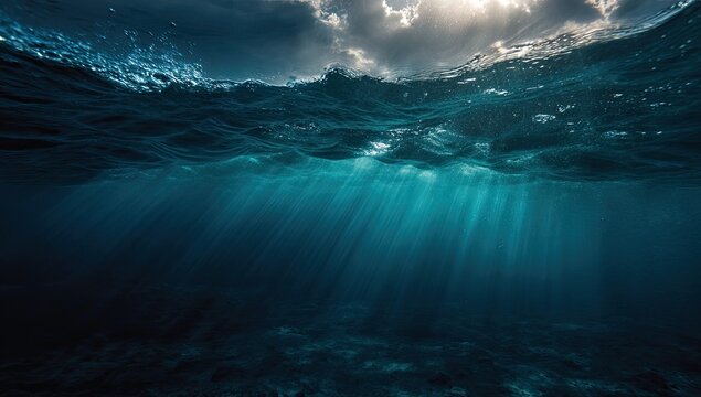 Underwater sunbeams illuminating dark ocean floor