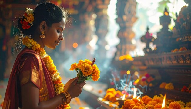 Datta Jayanti, close-up portrait of a devotee offering flowers and incense inside