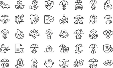 Insurance And Protection Concept icon set. With insurance, life, health, property, accident, medical, policy, coverage, safety, security, And Medical Safety Design Vector Icon Set On White Background.
