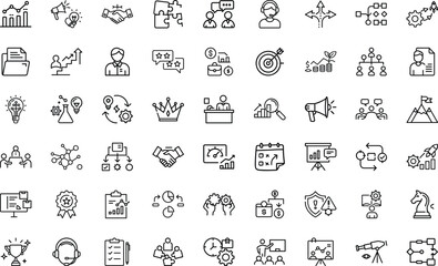 Management And Business Leadership icon set. With management, teamwork, leadership, planning, manager, training, strategy, business, goal And Employee Design Vector Icon Set On White Background.