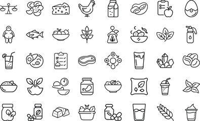 Nutrition And Healthy Food icon set. With nutrition, food, vegetable, fruit, protein, healthy, meal, water, diet, fiber,  Vitamins And Balanced Diet Design Vector Icon Set On White Background.