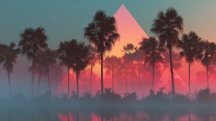 Silhouette of tropical palm trees designed geometric abstraction glowing surreal pastel horizon