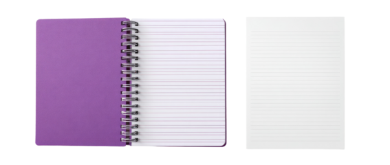 Open spiral-bound notebook with purple cover and lined white pages