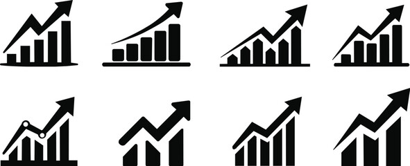 Growing Graph icon set.A dynamic illustration featuring a rising chart with arrow, business bar sign, and progress bar symbol, representing success and profit growth. Ideal for apps, websites.
