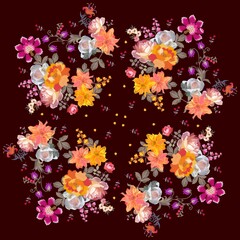 Beautiful natural pattern for square carpet, shawl, napkin, pillow, tablecloth. Floral embroidery with lilies, dahlias, roses, bells and small berries on a dark chocolate background.