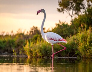 Pink flamingo standing in water with warm sunset glow