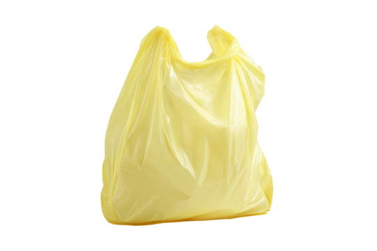 A pale yellow plastic shopping bag, slightly crumpled, with a top handle area