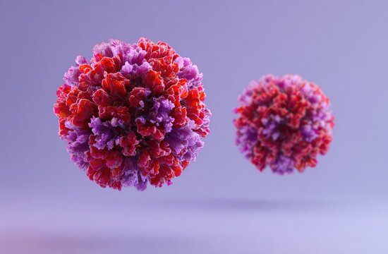 Two virus models, spherical, in red and purple tones against a violet background