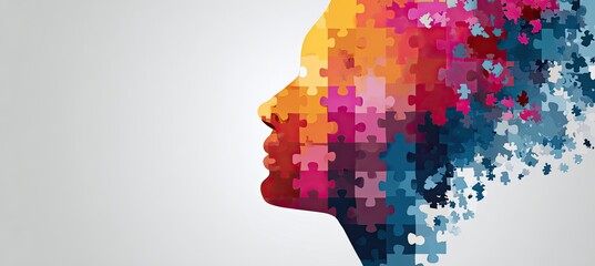 Colorful puzzle-piece profile of a woman