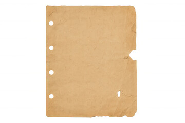 Old vintage paper page with rings holes, torn distressed edges, grunge parchment texture and transparent background