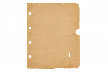 Old vintage paper page with rings holes, torn distressed edges, grunge parchment texture and transparent background