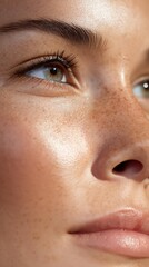 Sunlit beauty Close-Up of a Freckled Face with Natural Beauty and Radiant Skin golden glow