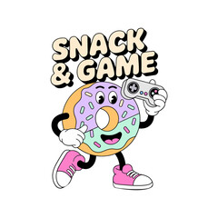 donut gamer mascot, snack and game theme, pink sprinkles character, headphones and controller, playful streaming sticker vector