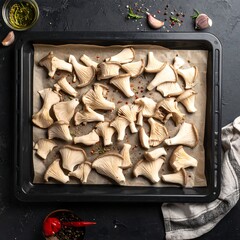 Oyster mushrooms on baking sheet, prepared with spices
