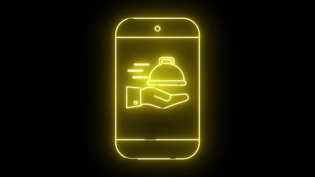 Yellow neon phone outline shows a hand holding a silver platter on a black background