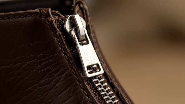 Close up of a brown leather boot with a silver zipper pull detailed macro shot