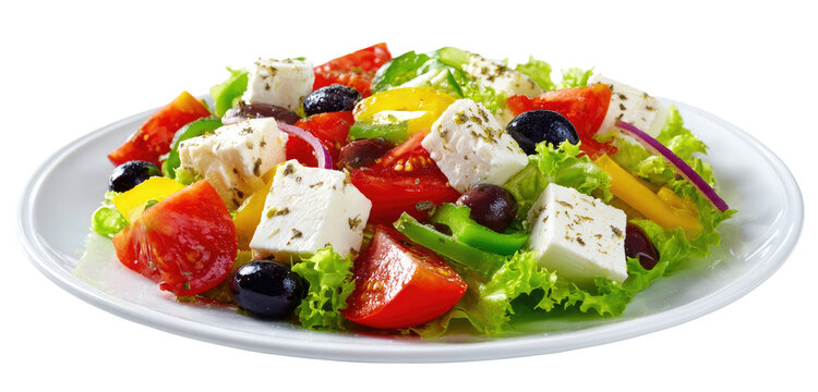 A vibrant Greek salad on a white plate.  Colorful diced tomatoes, peppers, cucumbers, onions, olives, and feta cheese are mixed with fresh lettuce