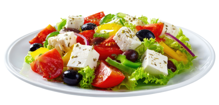 A vibrant Greek salad on a white plate.  Colorful diced tomatoes, peppers, cucumbers, onions, olives, and feta cheese are mixed with fresh lettuce