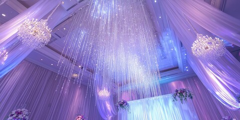 A grand ballroom with a white ceiling, draped with purple and white fabric, and adorned with crystal chandeliers and floral arrangements, creating a luxurious and elegant atmosphere.