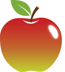 Red apple illustration shows fruit with stem and leaf in a graphic design 