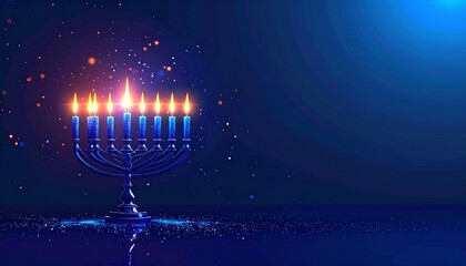 Hanukkah background, menorah glowing in dark blue gradient, reflection and light particles