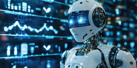 A humanoid robot with a sleek, metallic body and glowing blue eyes, standing in front of a digital screen displaying data and graphs.