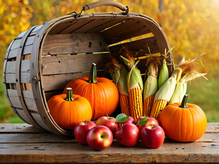 Vibrant Fall Produce on a Wooden Table with Golden Season Background