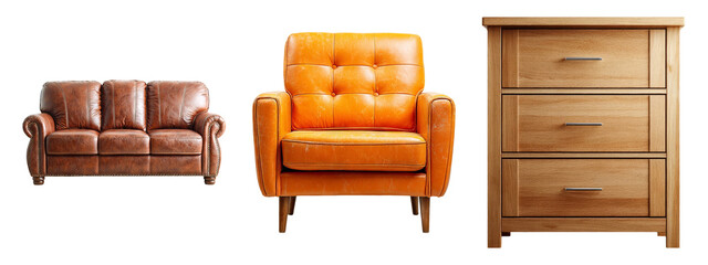 Isolated Set of Brown and Orange Furniture on Transparent Background