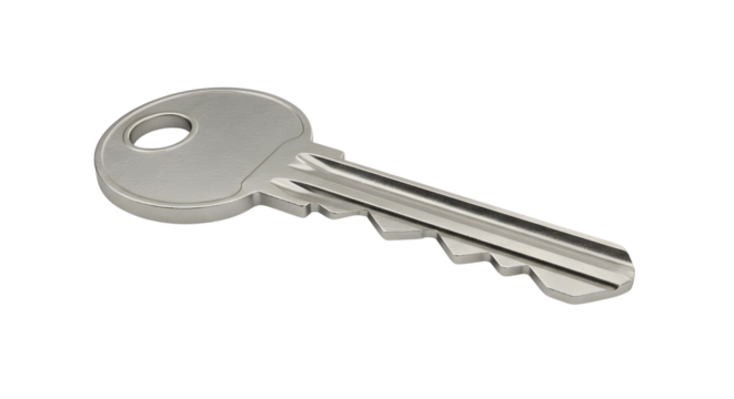 Single metallic house key representing security, access, property, and ownership concepts. isolated PNG with Transparent Background