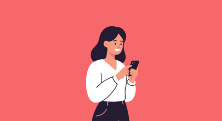 Smiling young woman using her smartphone for texting and browsing social media. Flat vector illustration of a girl with a mobile phone