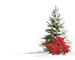 Winter scene with Christmas tree and poinsettias