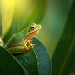Obraz premium A vibrant green frog perched on a leaf bathed in sunlight