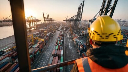 Sunrise over Port and Supervisor: A dedicated supervisor observes the vast expanse of a busy port at sunrise, overseeing the complex logistics of shipping containers and cargo. - Powered by Adobe