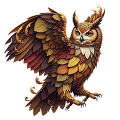 Autumnal Feathered Owl on transparent background