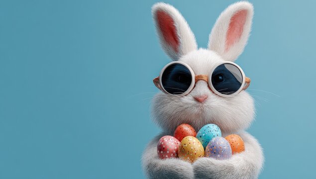 A stylized bunny holding Easter eggs
