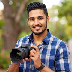 Smiling man with short dark hair holds a camera outdoors