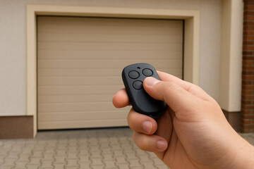 Close-up of hand pressing button on garage door opener remote with garage in background