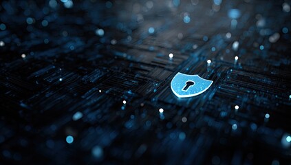 Abstract digital security concept.  A glowing shield with key graphic on a circuit board
