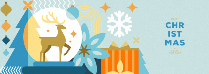 Christmas holiday flat poster or banner with Christmas tree, snow globe, deer, gift box, baubles, and snowflakes. Christmas greeting card design. Vector illustration