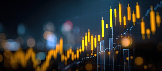 Abstract financial chart overlaid with bokeh city lights at night