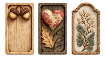 Wooden Plaques with Leaf and Heart Designs on Transparent Background