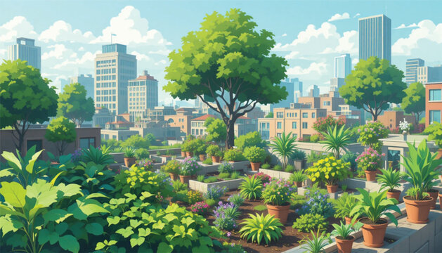 Urban rooftop garden scene ? sustainability flat vector. Ai Generate 