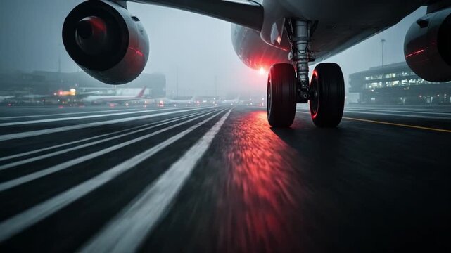 Aircraft Ready for Takeoff: A low-angle shot captures an airplane's wheels and undercarriage poised on the wet runway.