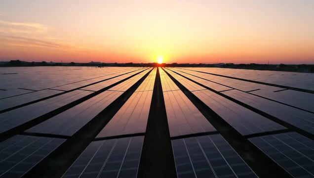 Expansive solar farm with rows of photovoltaic panels stretching to the horizon during a beautiful golden hour sunset, generating clean energy