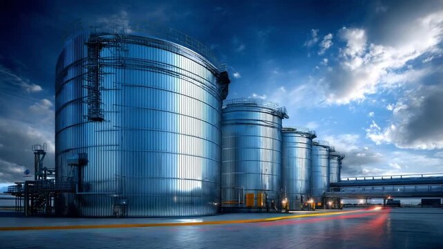 Industrial Tanks Under Cloudy Sky: A row of industrial tanks, constructed from reflective metal, stands majestically against a backdrop of a dramatic, cloud-filled sky.