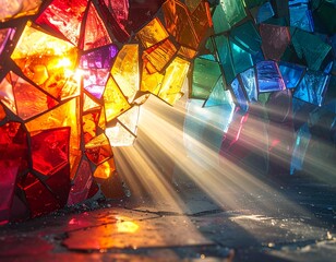 Sunlit Stained Glass: A vibrant display of colorful stained glass, with light beams radiating through, illuminating the scene.