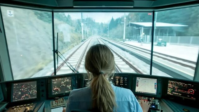 Navigating the Rails: A woman at the helm, focused on the tracks ahead from the driver's compartment of a train. A blend of technology, precision, and travel.