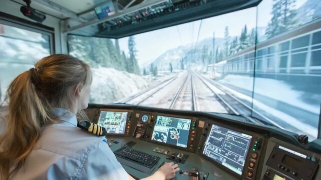 Train Driver at the Helm: A skilled female train operator meticulously monitors the control panel, navigating the rails of a modern passenger train, with an eye toward safe and efficient travel.