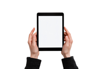 A pair of hands hold a black tablet with a blank screen